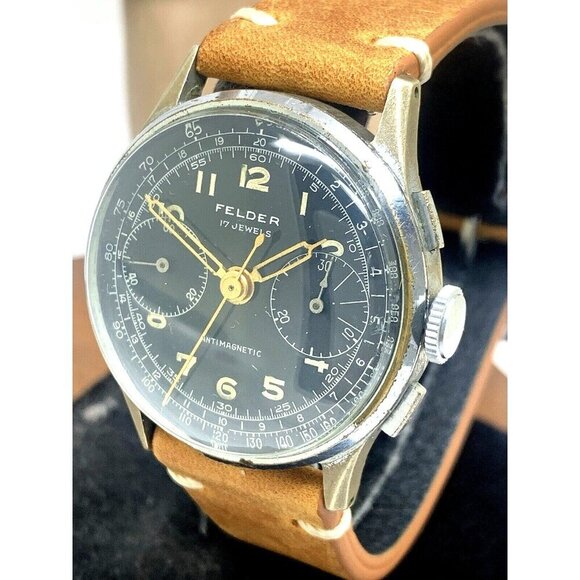Felder Delbana Men's Watch Vintage Swiss Manual Wind WWII Chronograph Black Dial